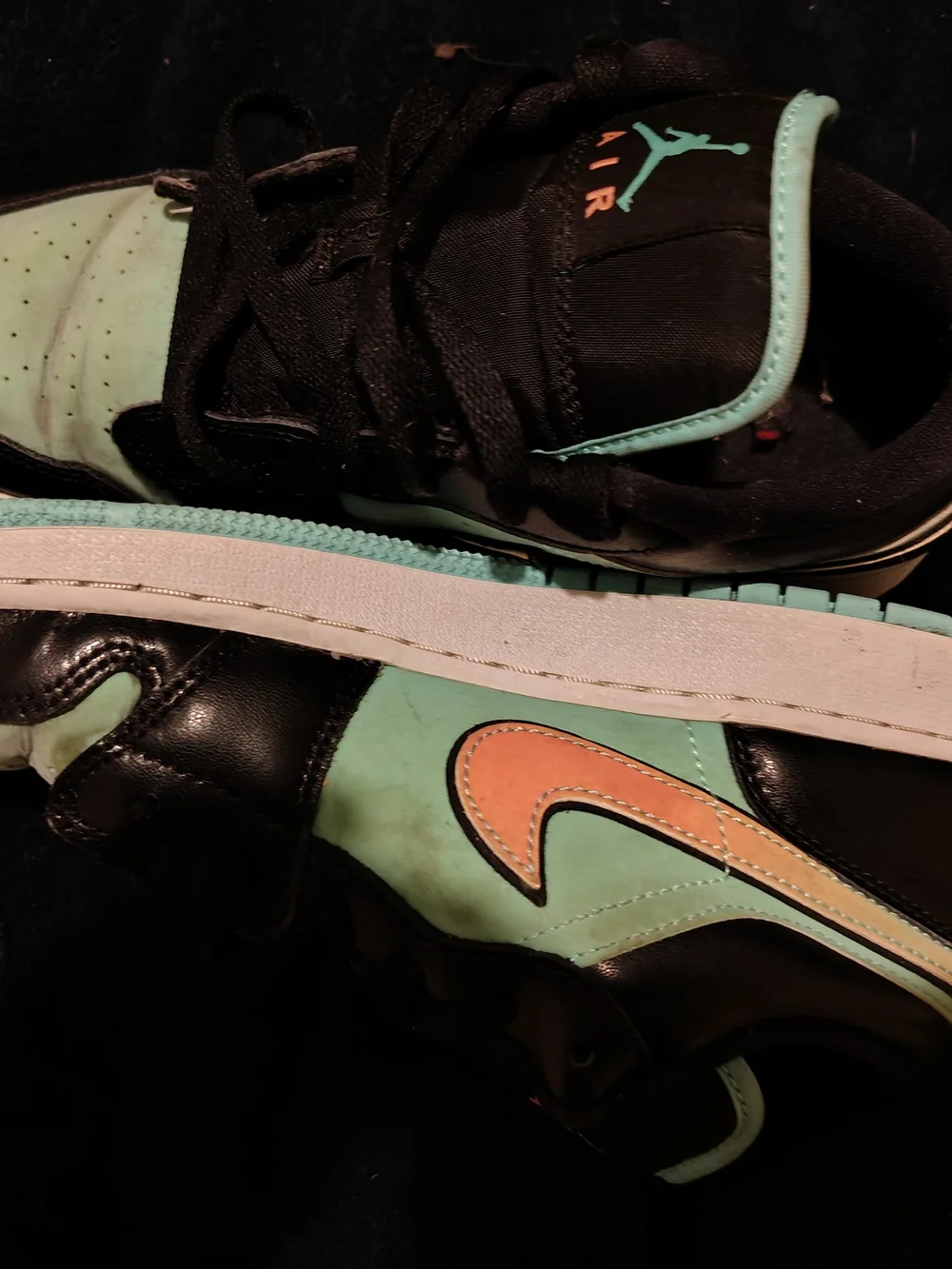 Nike Kids' Black and Mint Green Low-Top Sneakers with Orange Swoosh